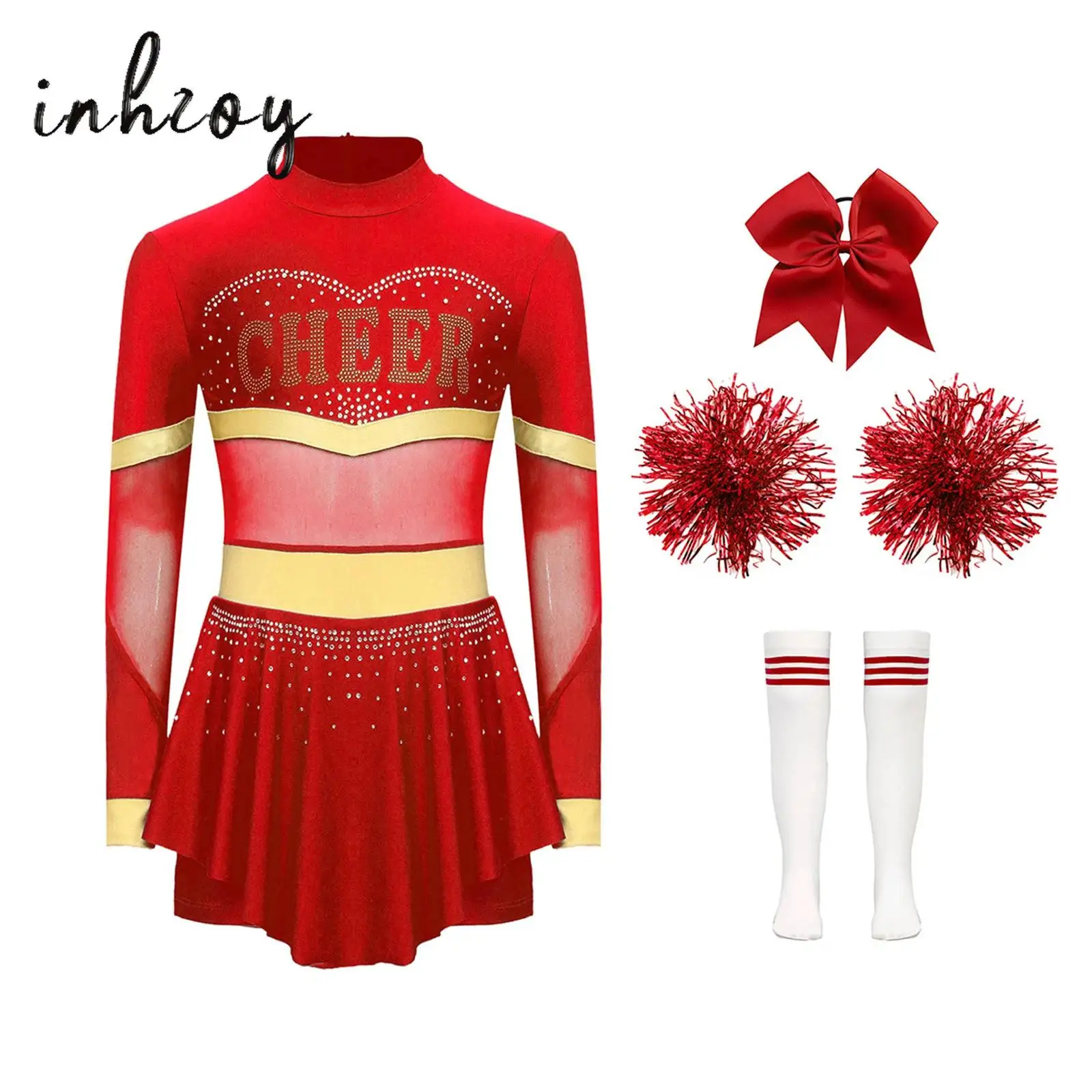 

Kids Girls Cheerleading Costume High School Dance Uniform Outfit Rhinestones Long Sleeve Dress with Socks Cheerleader Dancewear