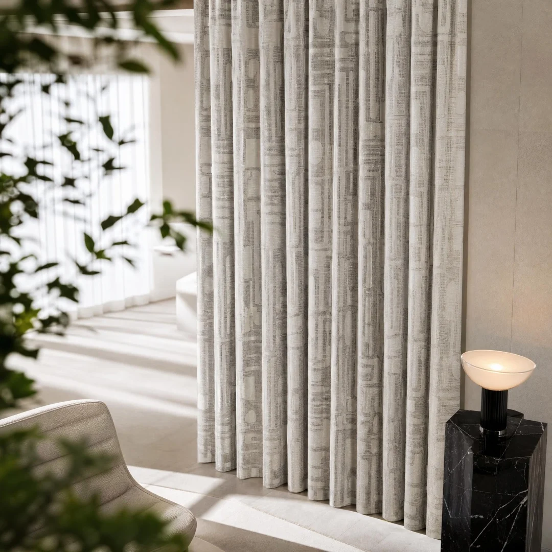 Gray Abstract Geometric Linen Curtains, Vintage Block Pattern Window Drapes, Light Filtering Curtain for Home Decoration