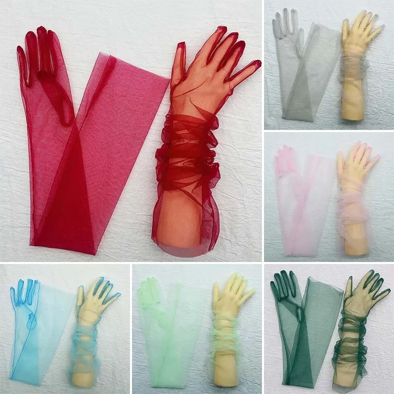 Ultra Thin Gloves Tulle Elbow Long Retro Mitten Gloves Wedding Bride Dress Transparent Sunscreen Gloves for Women image 5