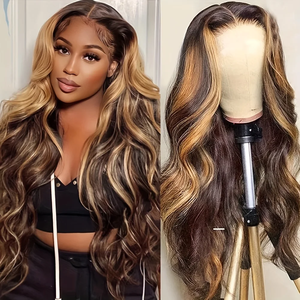 

34 Inch Highlight Ombre Lace Front Wig Human Hair Body Wave Frontal Wigs 250% Density 4/27 Colored 13x4 Lace Front Wig for Women