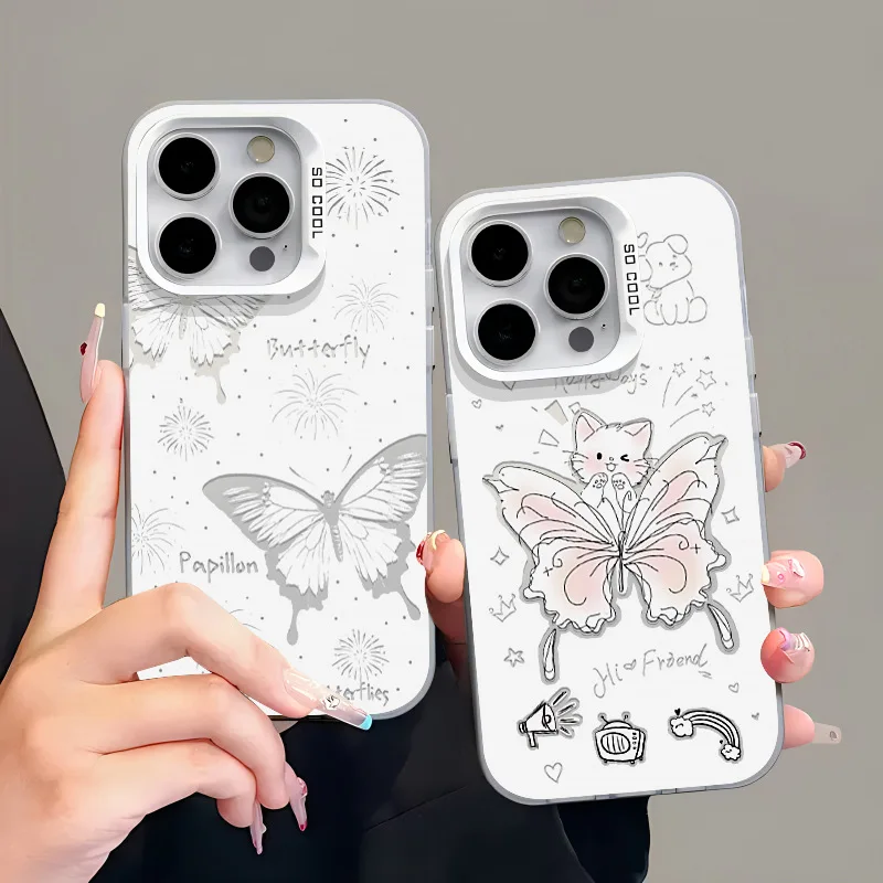 Capa de Silicone para iPhone, Capa Fosco, Laser Butterfly, Cat, 15, 14 Pro Max, 11, 12, 13 Pro Max, X, XR, XS Max, 7, 14, 15 Mais