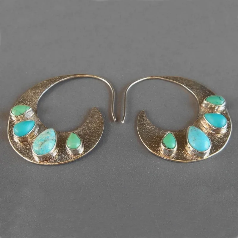 Silver Color Hoop Turquoise Gemstone Earrings / Bali Unique Handmade Jewelry