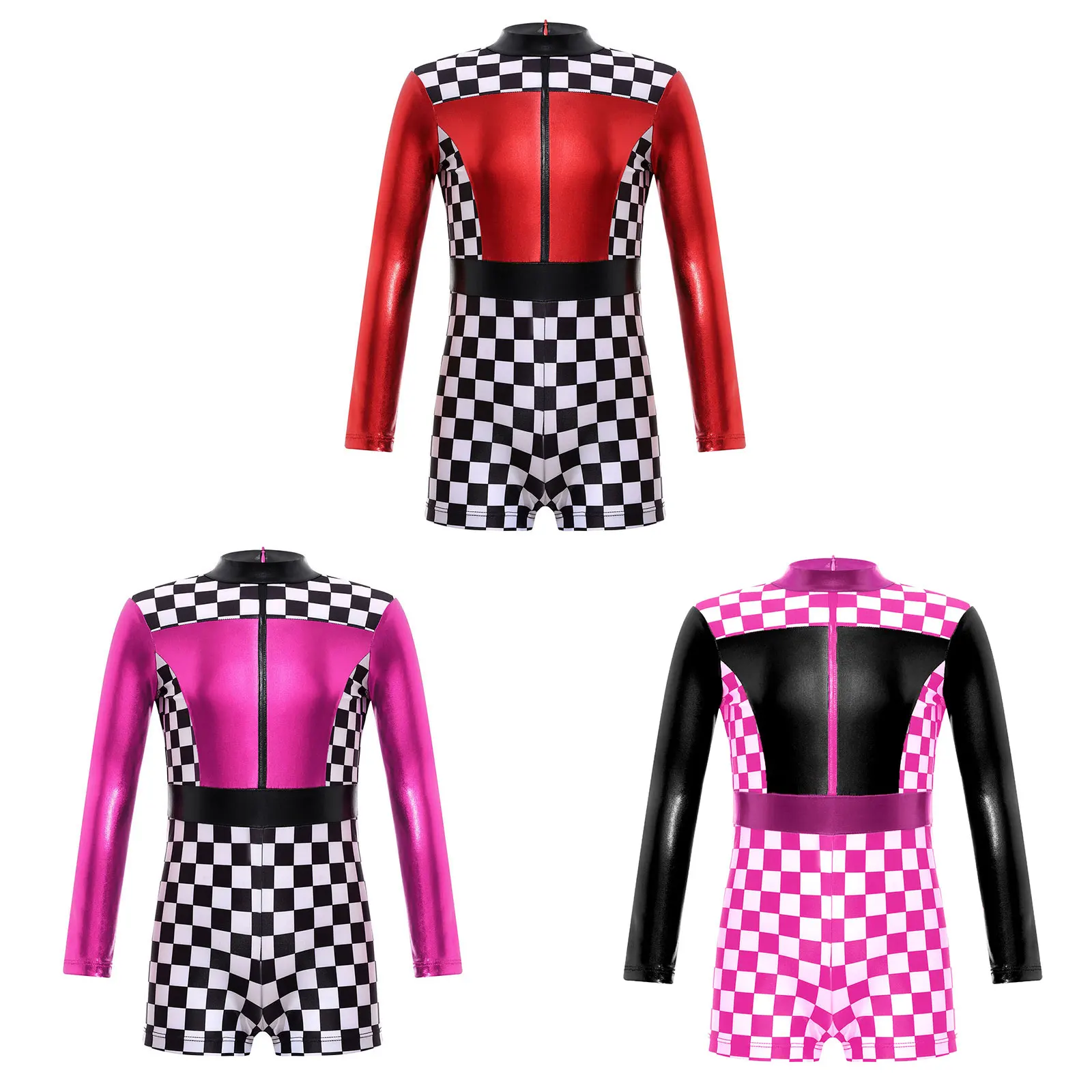 Kids Girls Racer Costume Long Sleeve Checkerboard Print Zipper Back Bodysuit Jumpsuit Halloween Cosplay Party Role Play Dress Up