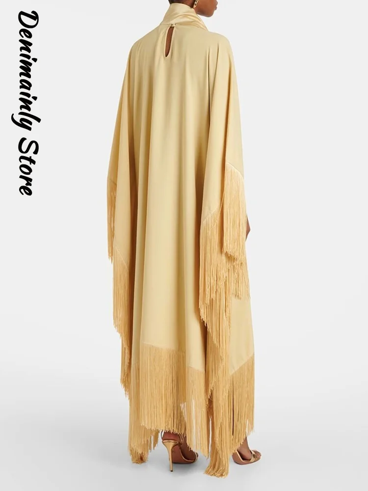 Casual Women's Satin Tassels Patchwork Long Dress Loose Scarf Collar Full Sleeve Irregular Hollow Out Dresses 2026 Autumn Robes