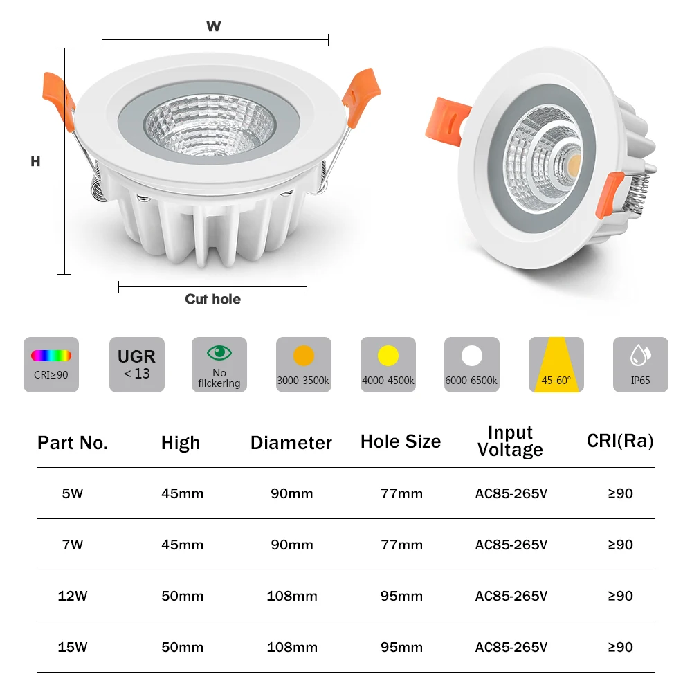 IP65 wodoodporna LED typu Downlight 7W 9W 12W 15W lampa okrągłe wpuszczone AC110V 220V do oświetlenie łazienkowe na zewnątrz lampy punktowe LED