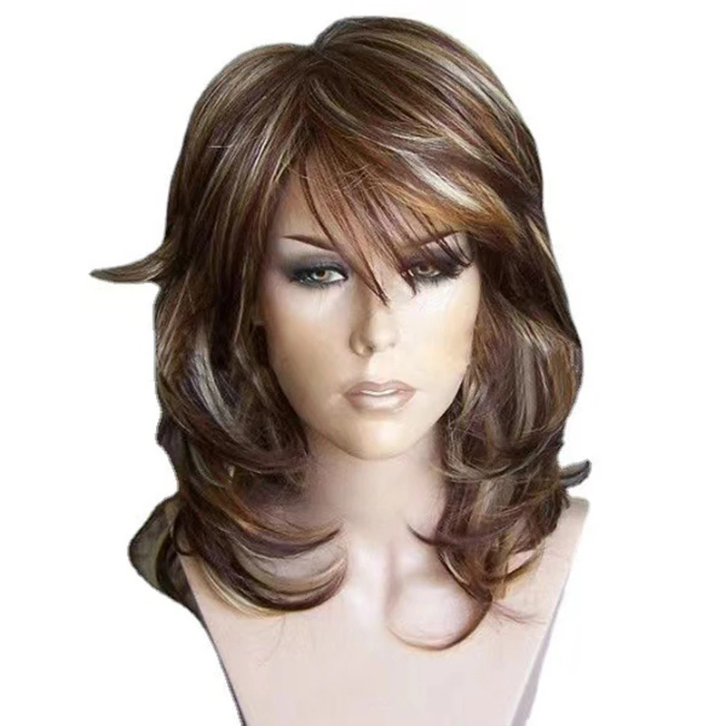 Dame dégradé couleur cheveux longs bouclés Cocktail femme robe de soirée Match longueur moyenne cheveux barre habiller chapeaux perruque