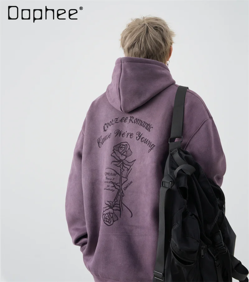 

2025 Autumn Winter New Men's Suede Rose Letter Black Dark Gray Hooded Sweatshirt Loose Thickened Fleece Army Green Purple Hoodie