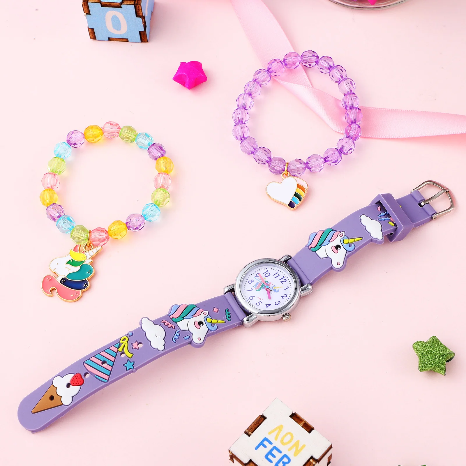 1 set Watch Set Unicorn Pattern Time Teaching Watch For Easy Read Arabic Numerals Adjustable Strap With Charm