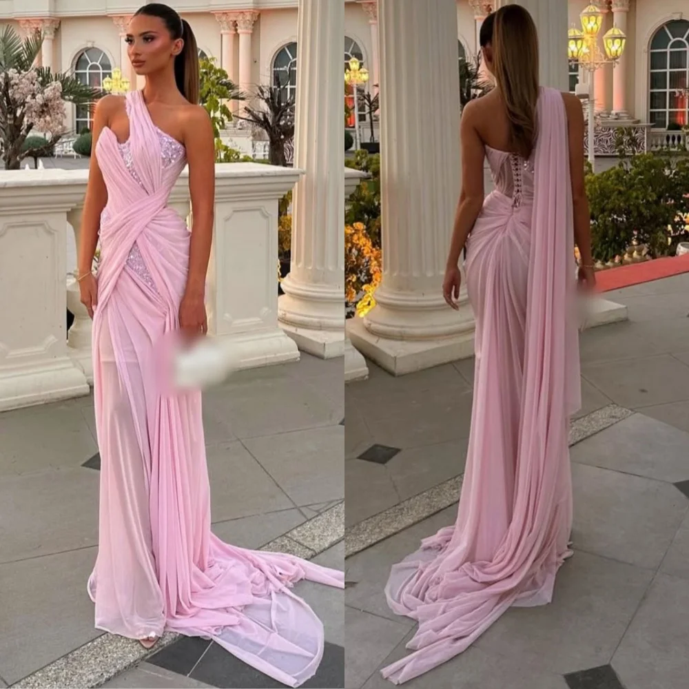 

Customized Classic Exquisite Chiffon Sequined Pleat A-line One-shoulder Long Dresses Bespoke Occasion Matching