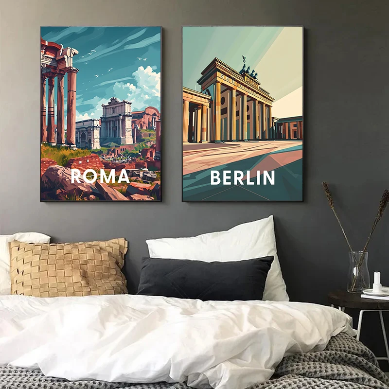 Retro Holiday Travel City London Paris Roma Canvas Painting Print Posters for Living Room Home Wall Decor Tourism Pictures