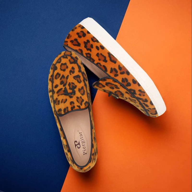 Piergitar 2025 New Leopard Print Horsehair Sport Style Men Casual Shoes Handmade Leather Bow Tie Men's Sneakers White Bottom