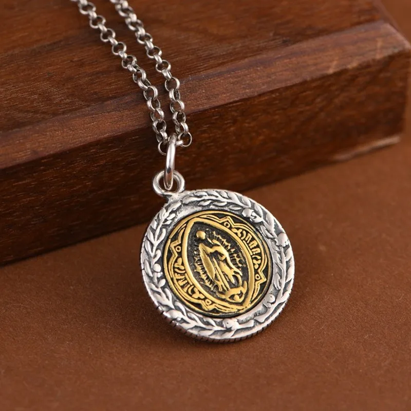 BOCAI NEW S925 Silver Vintage Personality Wheat Grain Pattern Hands Clasped Together In Prayer Maria Round Pendant