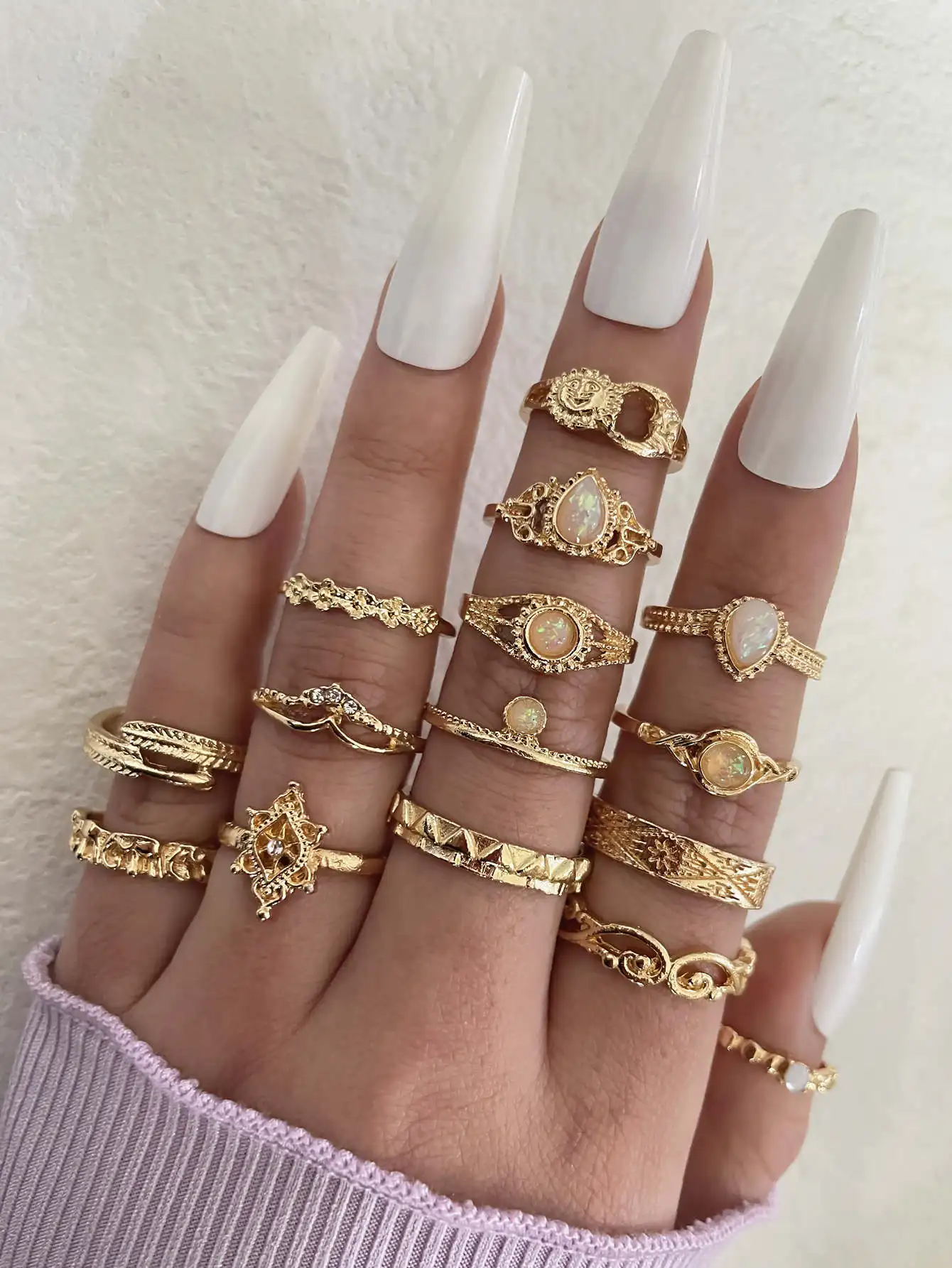

15pcs Gold Tone Boho Ring Set with Opal & Rhinestone Accents for Women