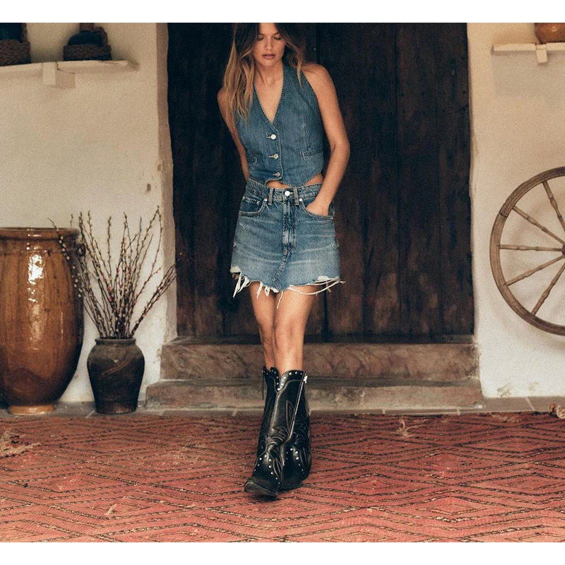 Primavera verão novo feminino simples arco decorado buraco jeans saia de cintura média versátil sle fibra de poliéster slim fit ort...