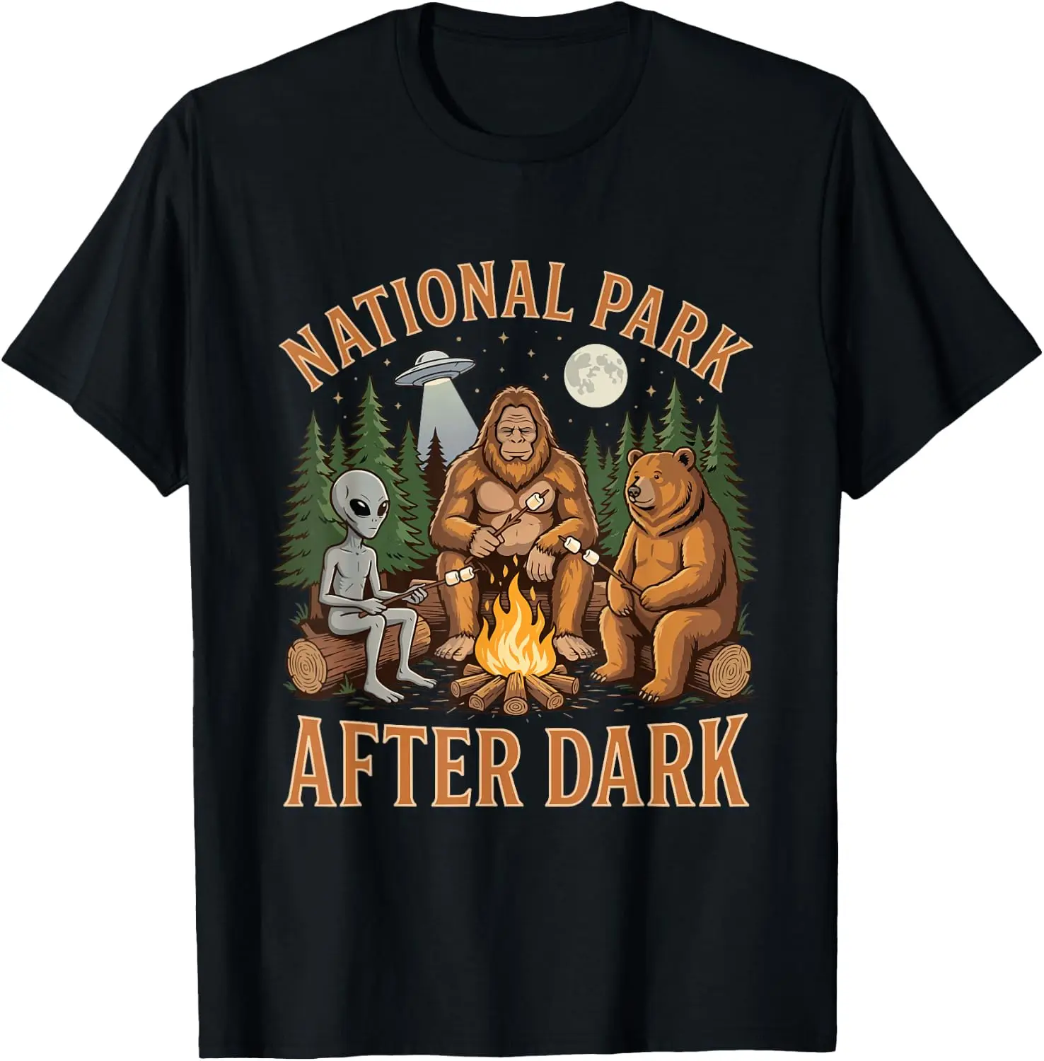 National Park After Dark - Bigfoot Lover Sasquatch T-Shirt Premium heavyweight pure cotton—stylish, versatile, and unisex; a perfect Christmas gift suitable for year-round wear.