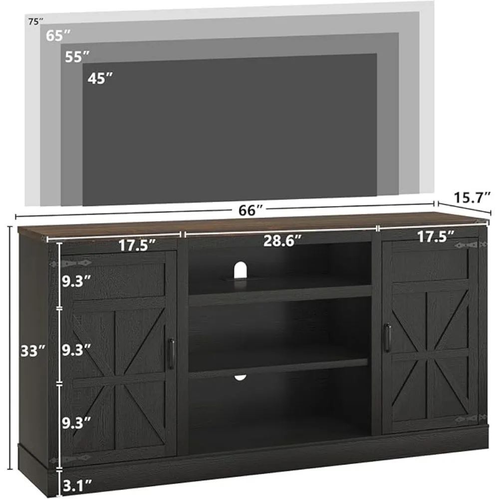 Soporte para TV de granja con tomas de corriente para televisores de 75 y 65 pulgadas, centro de entretenimiento de 33" de alto con gabinetes de almacenamiento con ajustable