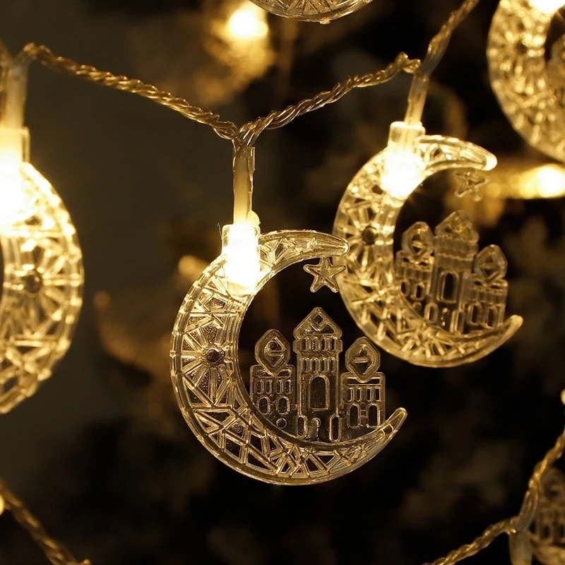 1pc led luzes da corda do ramadan, 59.06/118.11in luzes de fadas decorativas do ramadan com projetos da lua & castelo, alimentado por bateria