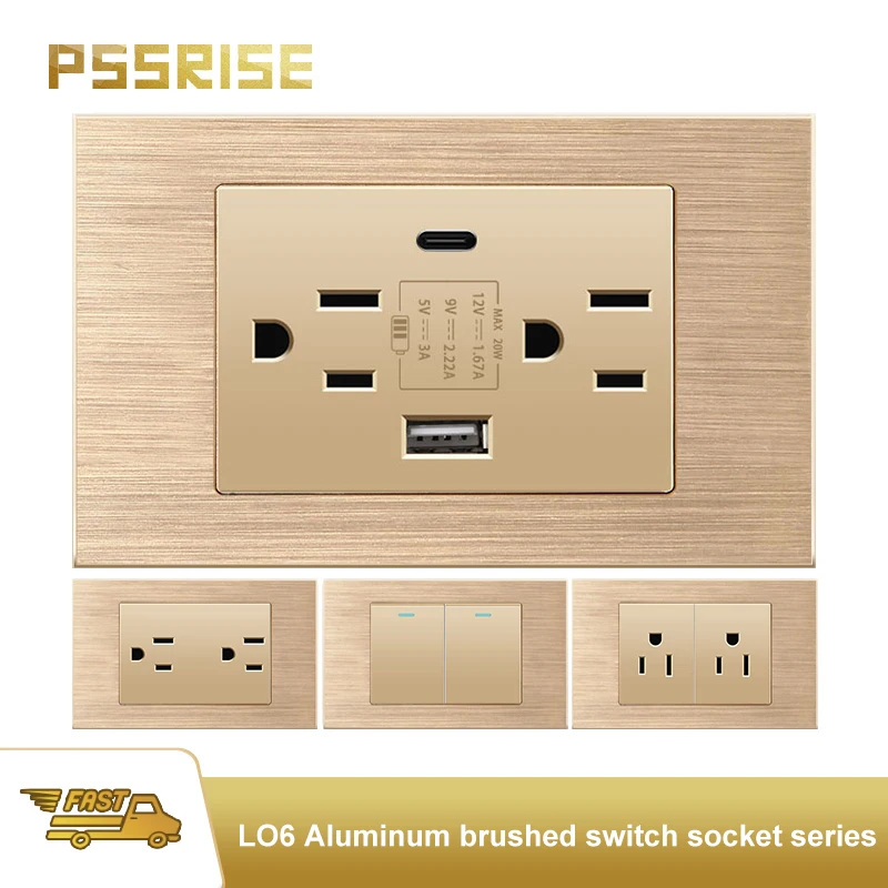 

PSSRISE Gold Aluminum Alloy Panel American Thai. Power Socket Light Switch Type C 20W Quick Charger,electric mexico power socket