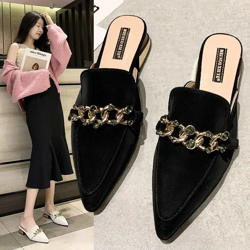 Slippers Women New Chain Mules Women Slides Square Toe Ladies Striped Shoes Summer Fashion Footwear Square Heel Women Shoes