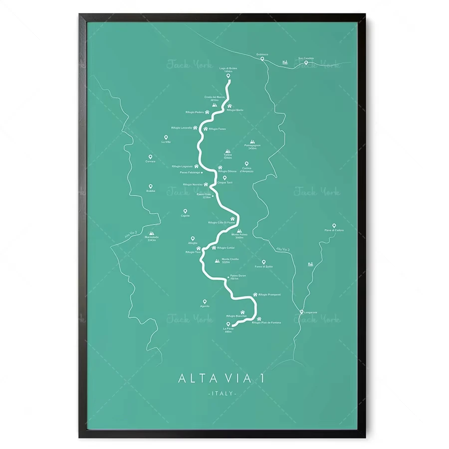Dolomites Highlands Ruta 1, cartel de senderismo de Europa, decoración de pared artística de mapa de ruta, revive su aventura