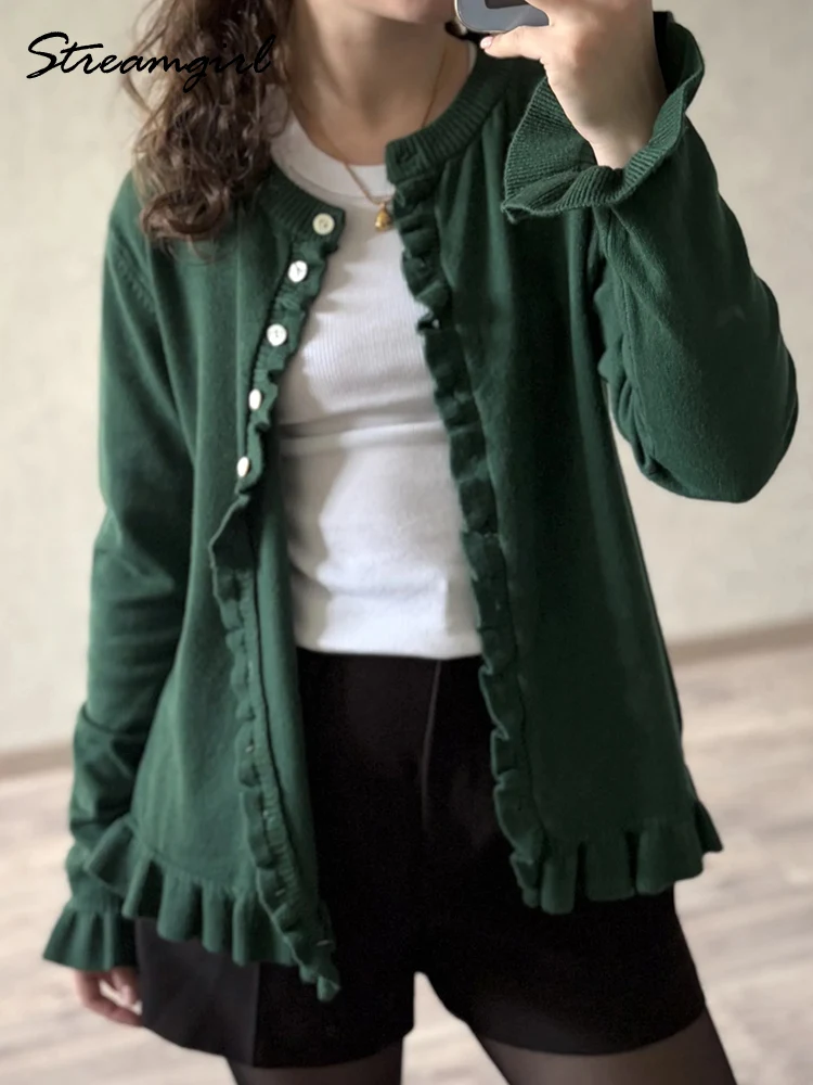 Streamgirl Women Cardigans Sweaters Brown Autumn Loose Reffle Cardigan Green Woman Solid Burgundy Knit Cardigan Vintage Jackets