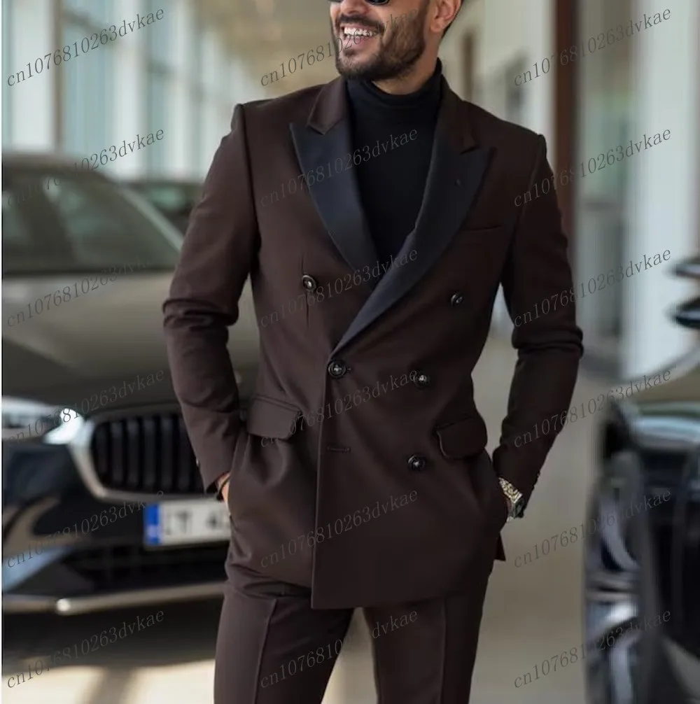 

Black Collar Brown Men Suit Groom Groomsman Wedding Party Prom Formal Occasion Business Male Tuxedos 2 Piece Set Blazer Pants