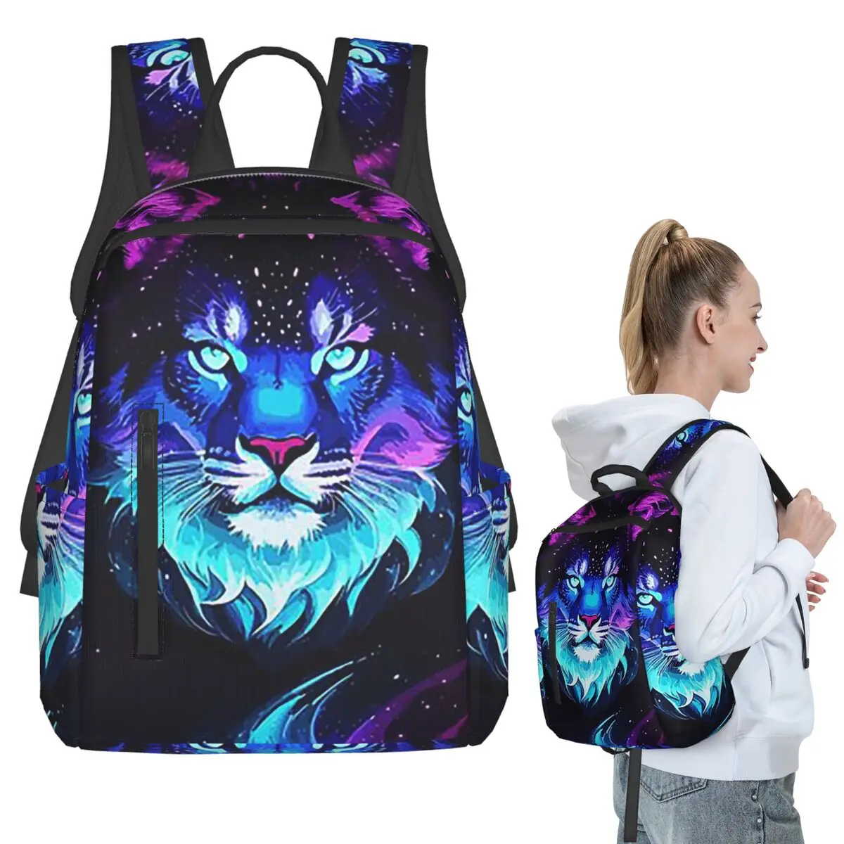 宇宙ネオンタイガースピリットスペースギャラクシーウルフレイオンフェイスバックパック学生ブックバッグスクールバッグコンピュータショルダーバッグ男性女性用