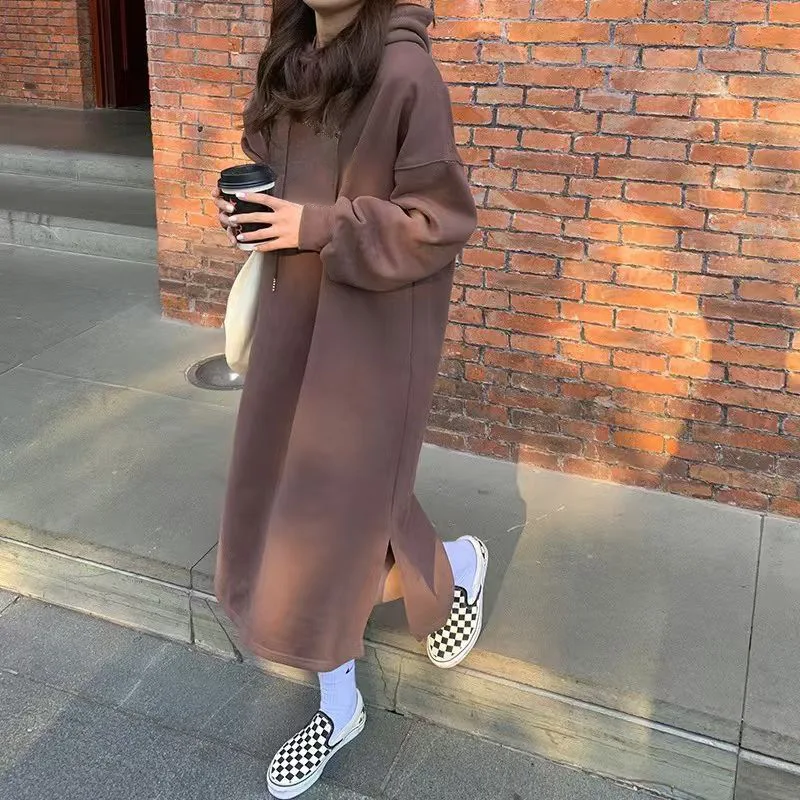 2025 Autumn Winter Women's Long Hooded Pullover Dress Loose Slim Fit Mid Length Over The Knee Split Fleece Lined Sweatshirt