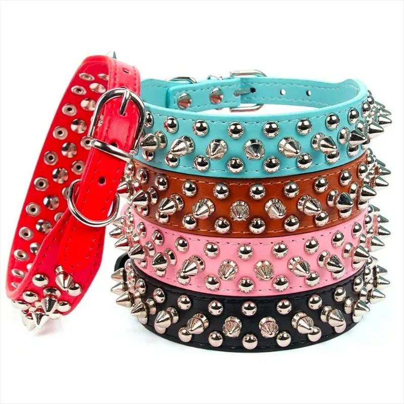 

Adjustable Leather Pet Dog collar Neck Strap Supplies PU Leather Punk Rivet Spiked Dog Collar Pet Collars