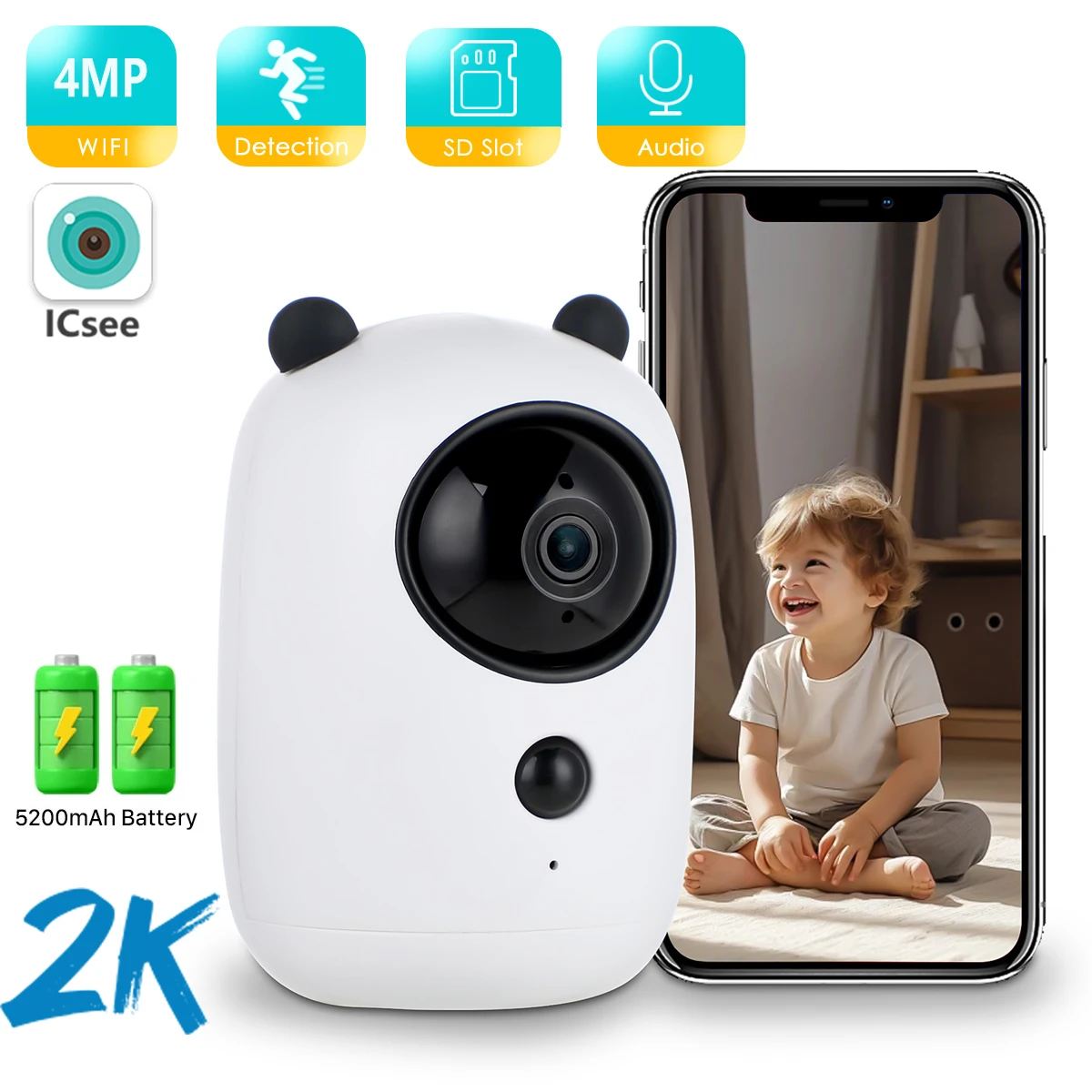 2K Wireless 5200mAh Battery Camera Wifi 4MP Indoor Home Security Protection IP CCTV Camera AI Motion Detection Baby MonitorICSEE