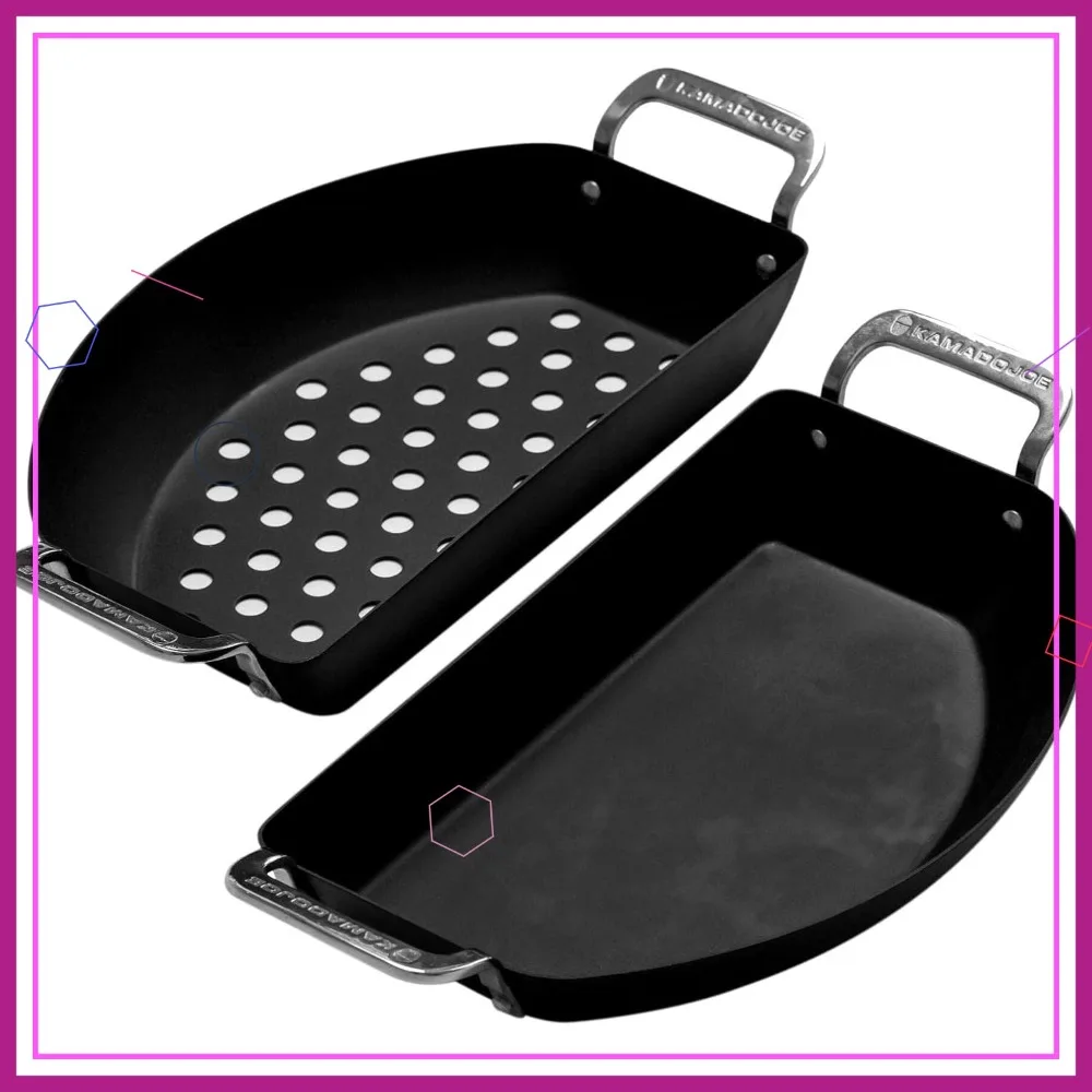 Juego de Sartenes de Acero al Carbono Precurado en Forma de Media Luna para Parrillas Kamado - Sólidas y Perforadas, Antiadherentes, con Asas de Acero Inoxidable