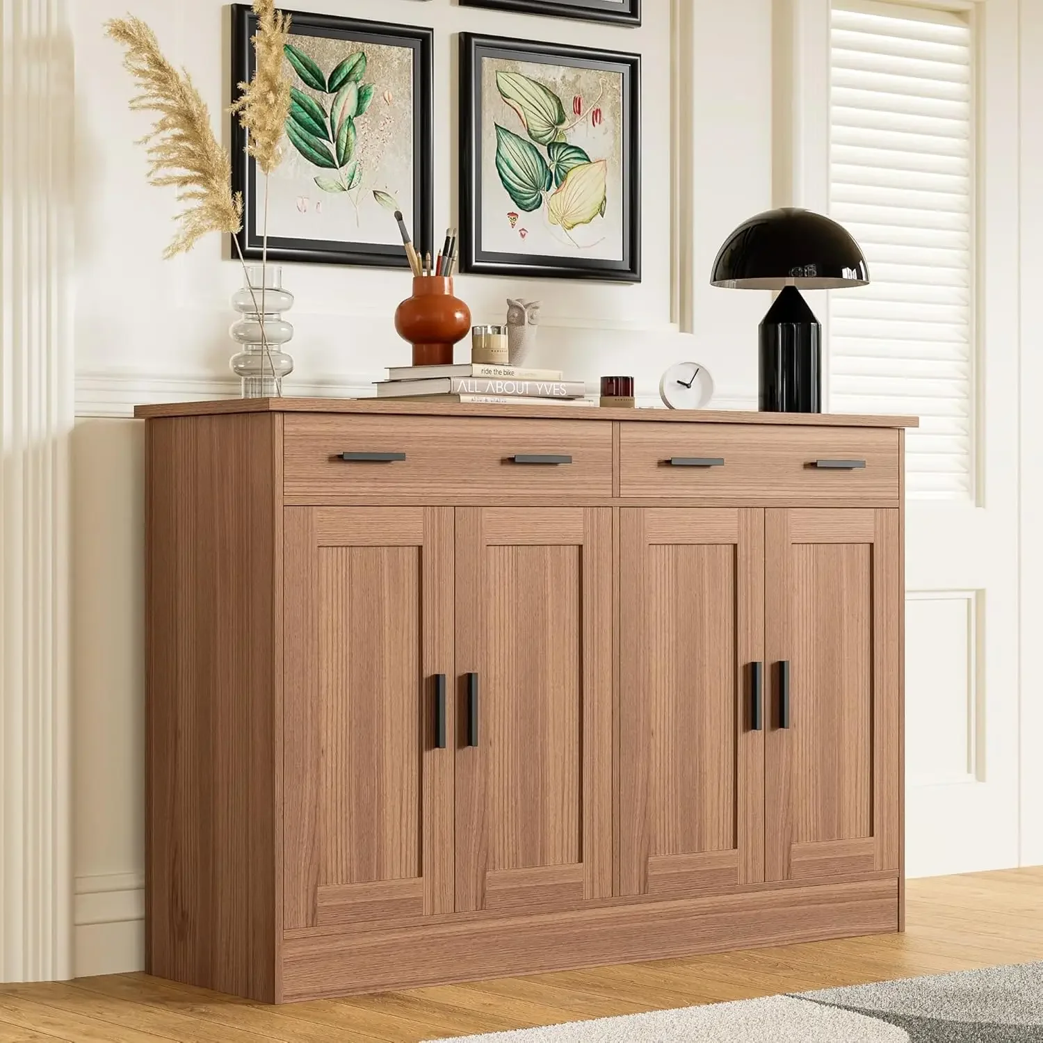 Anystyle Brown Buffet Cabinet, Coffee Bar Cabinet with 2 Drawers & 4 Doors, Kitchen Buffet Sideboard for Living Room, Kitchen