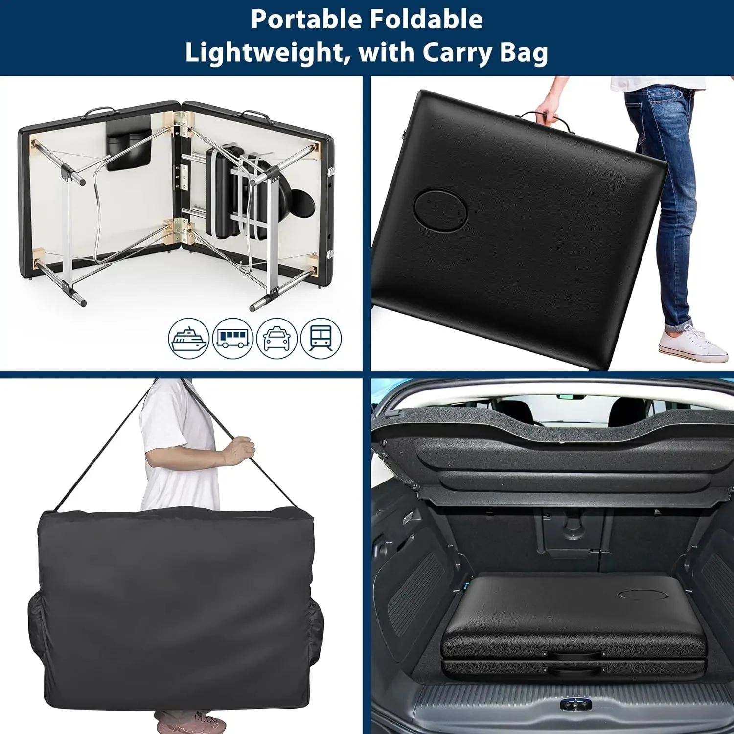 Massage Table Portable, 2-Fold Lash Bed with Side Pocket, Adjustable Height, Sturdy Aluminum Frame, Esthetician Spa