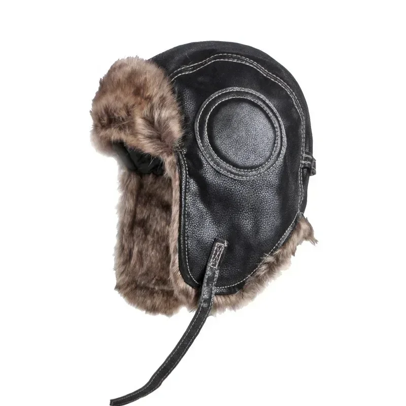 Men's and Women's Outdoor Warm Cap Lei Feng Cap Leather Thickening Riding Cold Cap Winter Warm Ear Protection Pilot Hat