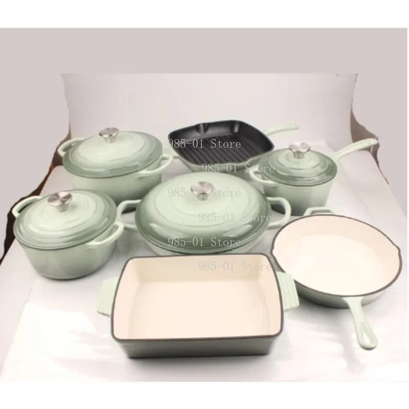 7-Piece Cast Iron Enamel Dutch Oven Set Kitchen Casserole Soup Stock Pots Pans Cookware