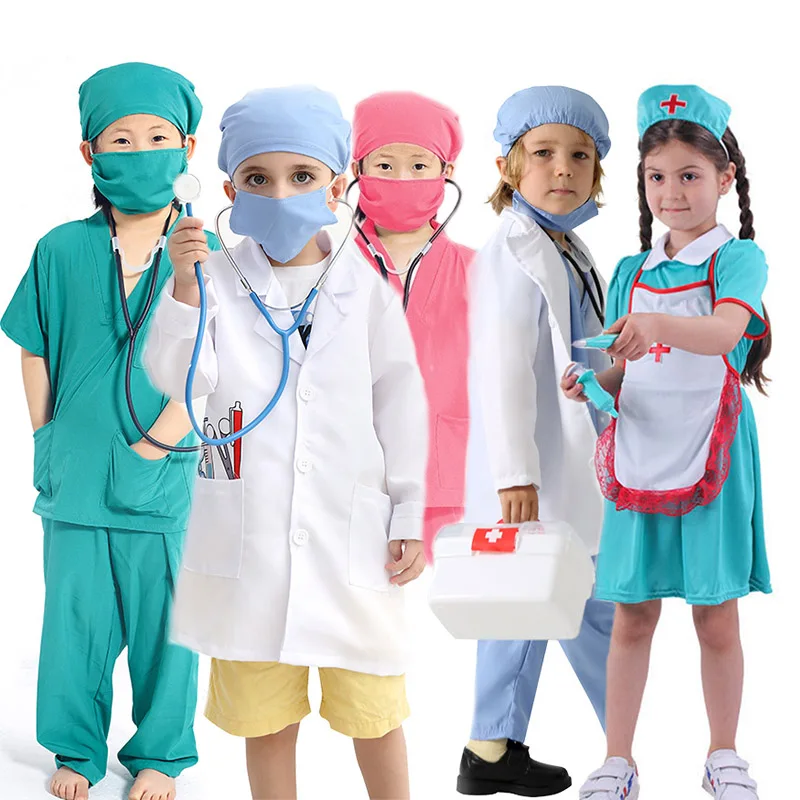 

Комплект доктора-скраба унисекс для мальчиков, костюм на день карьеры, детское медицинское платье, одежда на Хэллоуин, униформа хирурга для девочек, костюм медсестры