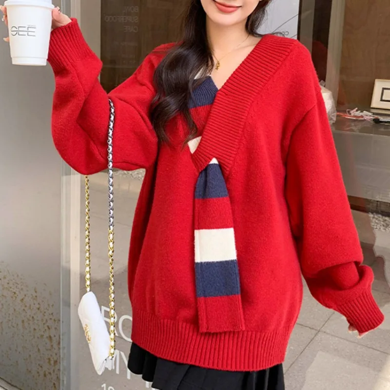 DAYIFUN New Design Fashion Korean V Neck Plaid Fake Scarf Women's Knitted Pullovers Warm Sweater Tops 2023 Autumn Winter Jumpers