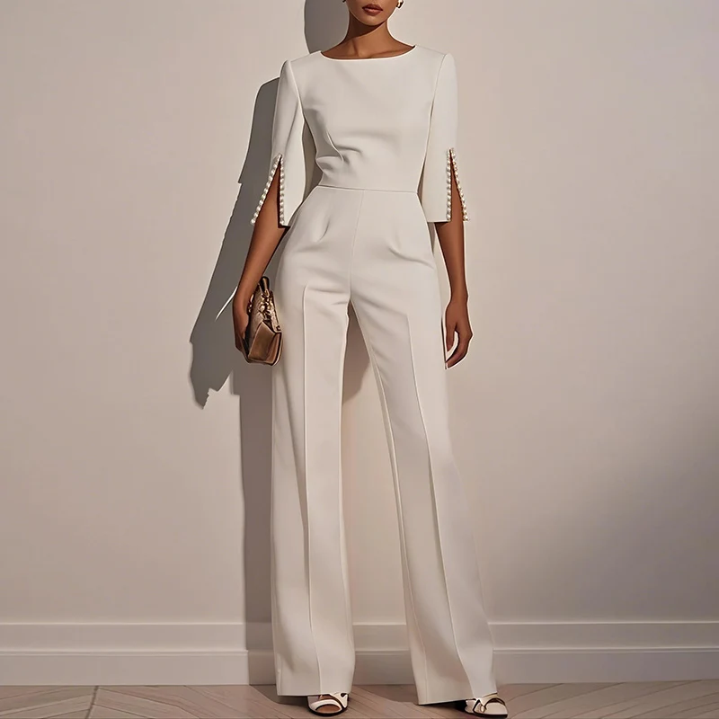 

Женские осенне-весенние городские цельные комбинезоны, новинка 2025, длинные брюки с жемчугом и круглым вырезом, однотонные офисные женские мешковатые комбинезоны, женские комбинезоны