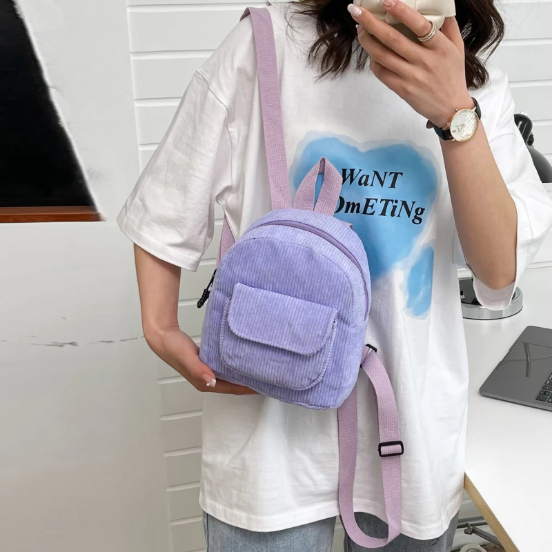 New Fashion Women Mini Backpack Solid Color Corduroy Small Backpacks Simple Casual Student Bookbags Traveling Backpacks