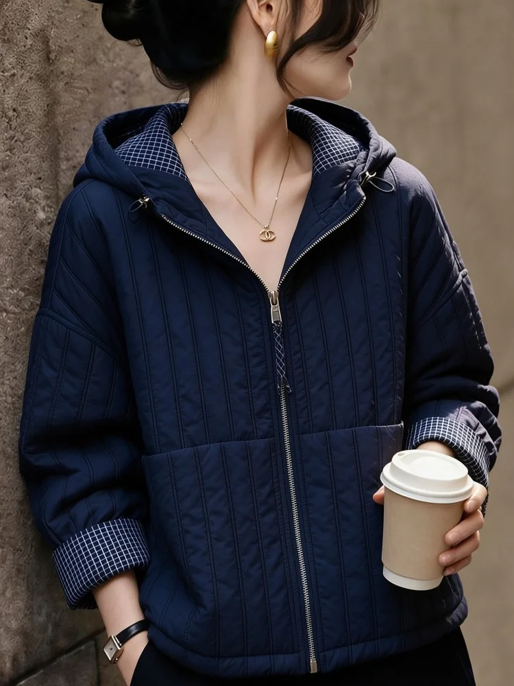 Young Stylish Quilted Cotton Jacket Women's Loose Fit Hooded Lightweight Autumn Winter Coat Casual Comfortable Polyester Fabric