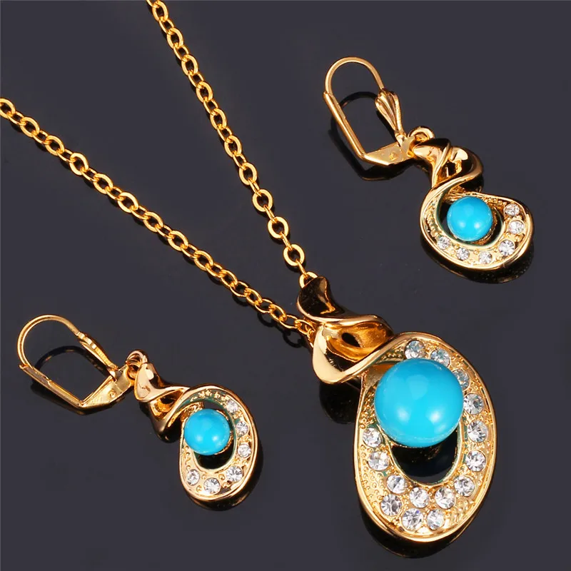 U7 Simulated Pearl Necklace Set Women\'s Gift Trendy Gold Color Blue Syntietic Pearl Necklace Earrings Jewelry Sets S485