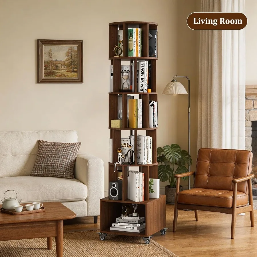 5 Tier Rotating Bookshelf Tower Spinning Bookcase w/Storage Cabinet and Wheel