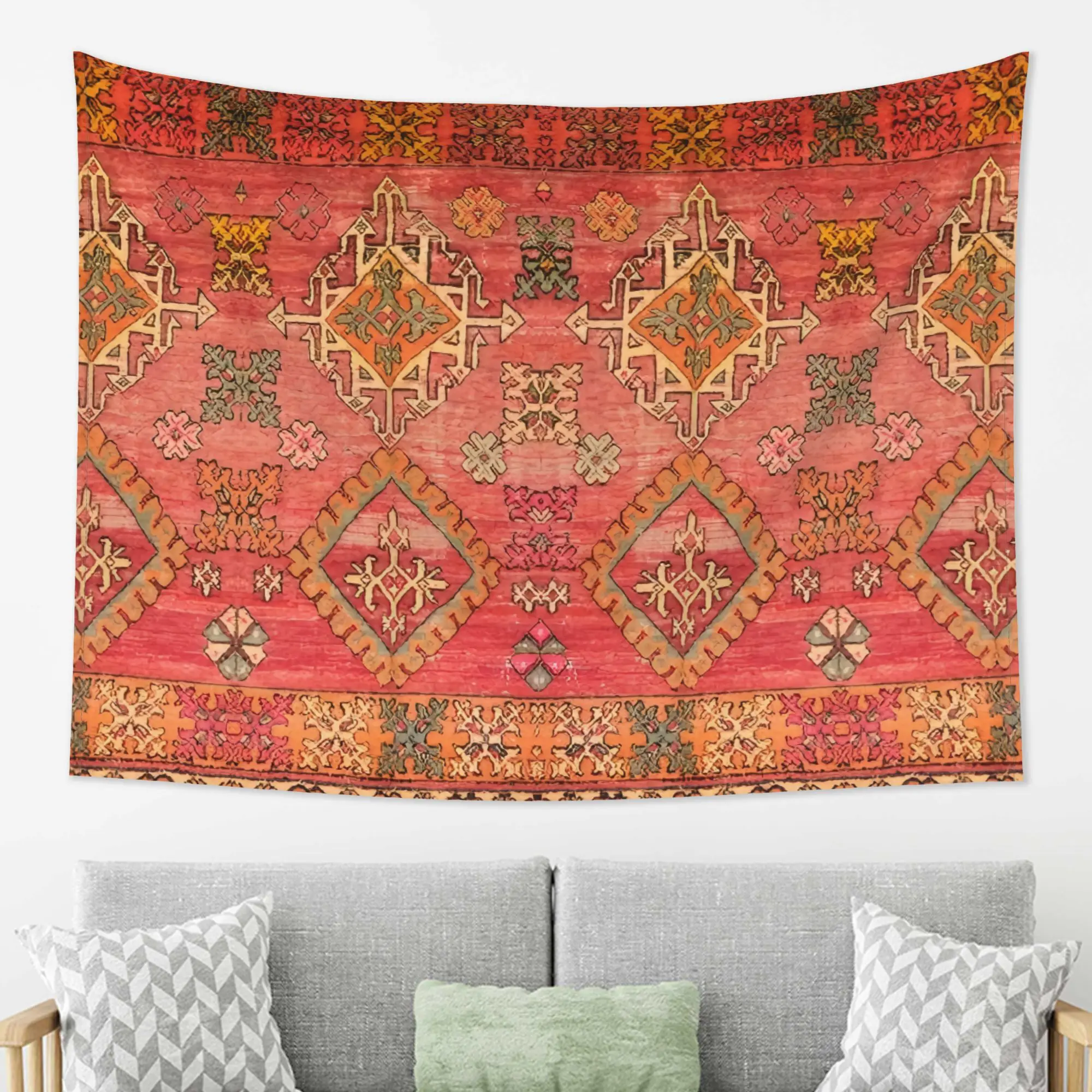 Bohemian Moroccan Modern Art Tapestry Wall Hanging - Horizontal Moroccan Mosaic Patterns & Arabic Calligraphy Suitable for Livin