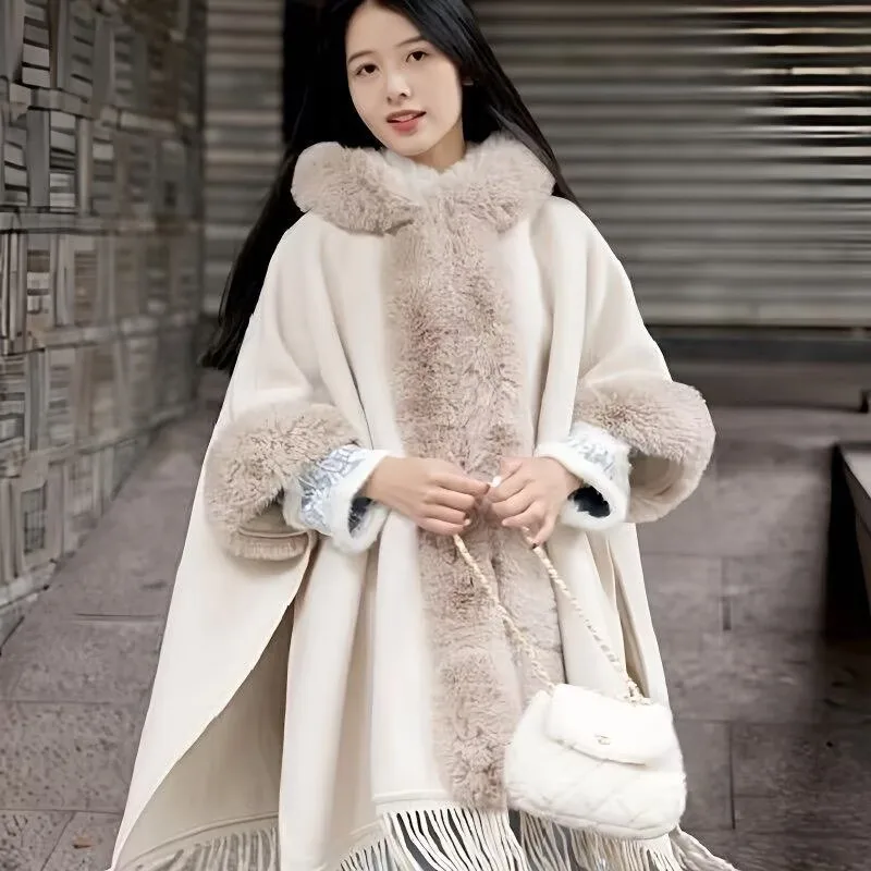 Womens Cloak  Chinese Furry Hooded Shawl for Winter
