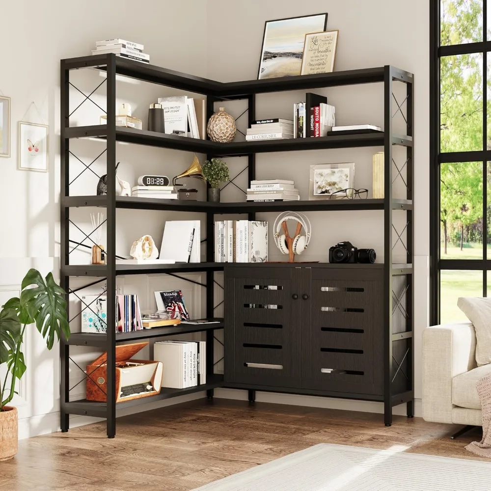 

Large L Shaped Industrial Corner Bookshelf with Storage Cabinet,Corner Bookcase with Doors, Tall Corner Plant Stand, 6 Tier Tall