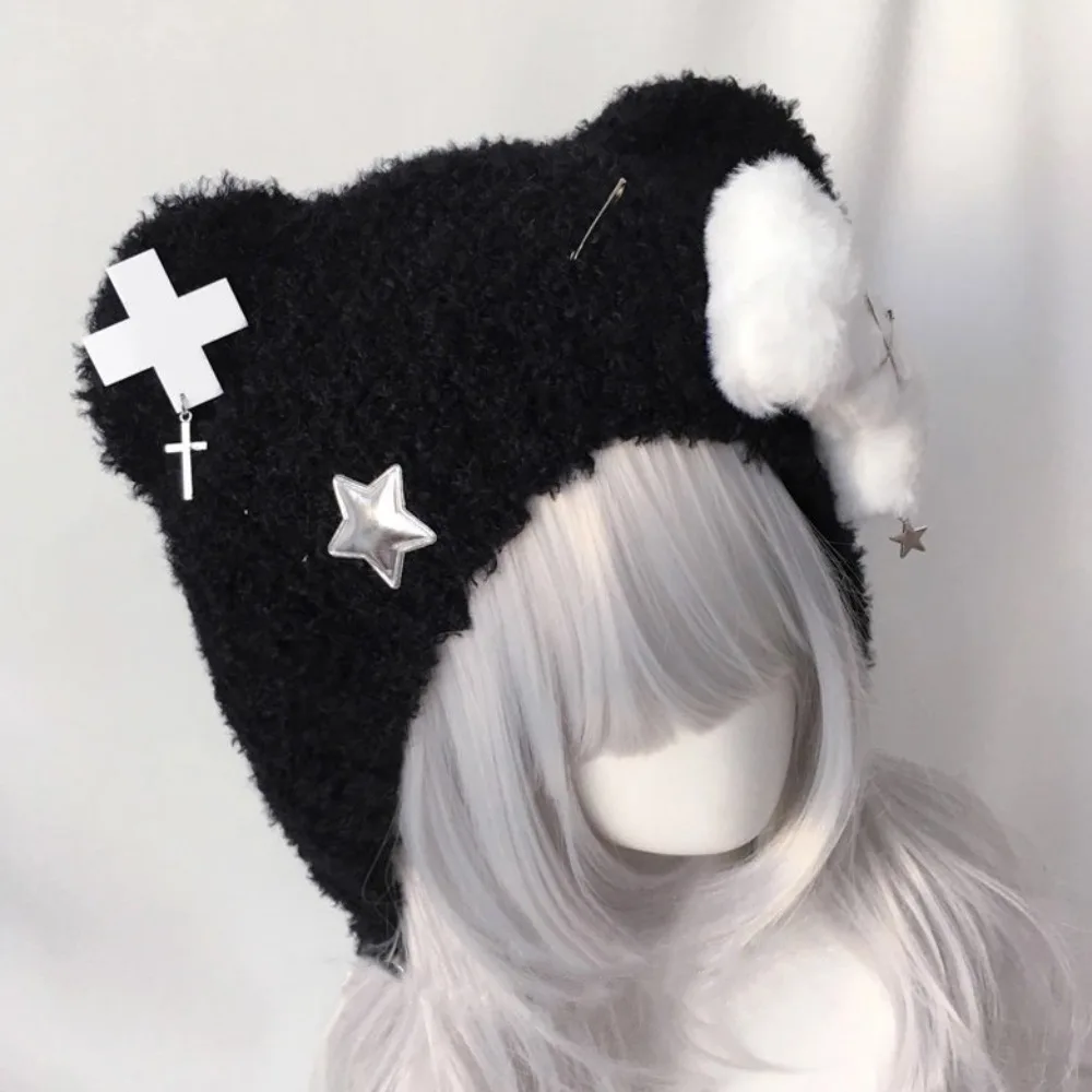 

Cute Short Knitted Hat Bear Crossbones Star Pattern Star Original Cap Subculture Bear Hat Men Women