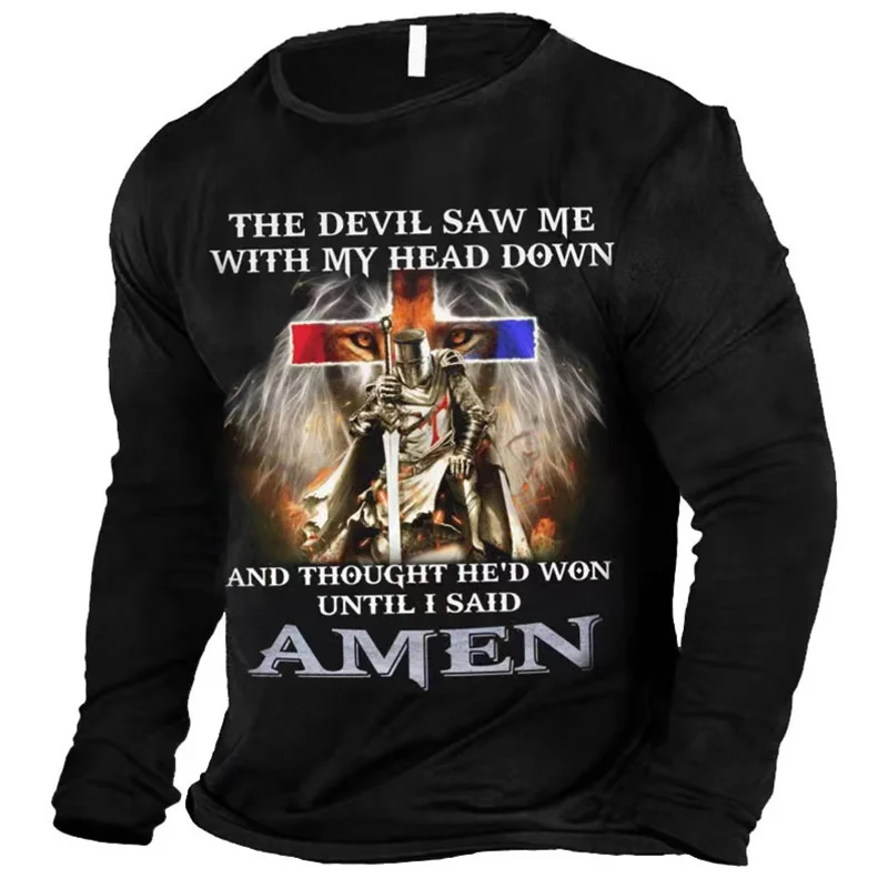 

3D Printed Knight T Shirt For Men Vintage Cross Pattern Tees Spring Autumn Casual Loose T-Shirts Long Sleeves Round Neck Tops