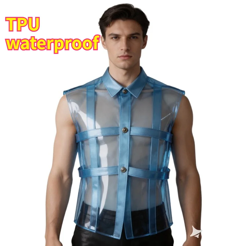 Tpu Ultra Thin Crystal Plastic Film Shirt Full Transparent Smooth Dropped Shoulder Round Hem Loose Stylish Top Catwalk Stage