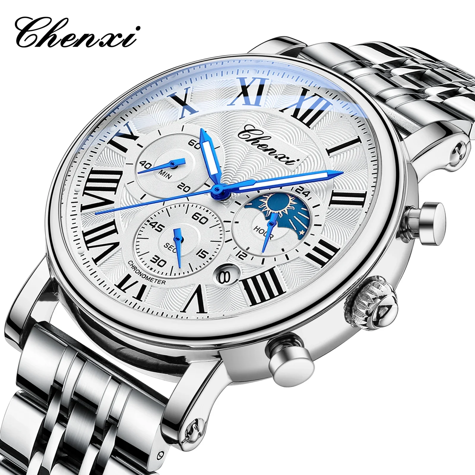 

CHENXI 973S Мужские кварцевые часы-хронограф с фазой Луны Водонепроницаемые светящиеся роскошные спортивные военные наручные часы