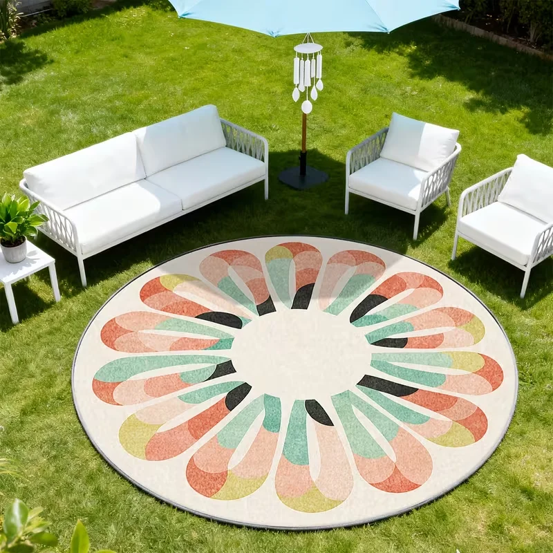 Mid Century Pastel Petal Outdoor Round Rug Abstract Geometric Flower Shape Print Non Slip Carpet Summer Minimalist Decor